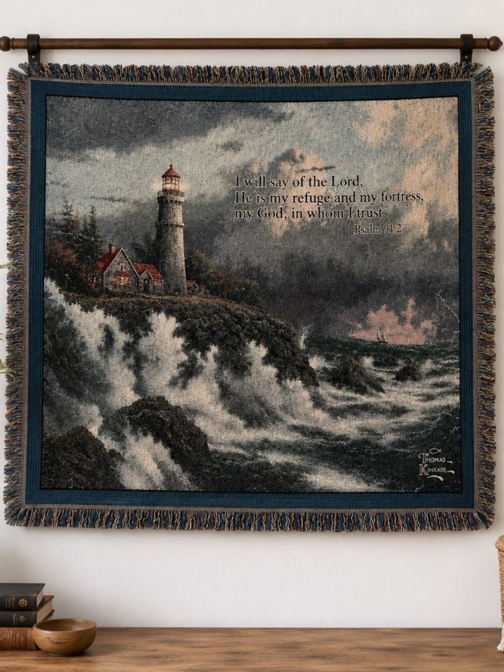 THOMAS KINKADE Throw Blanket PSALM  91:2 Lighthouse Tapestry  46”x‎ 52”
